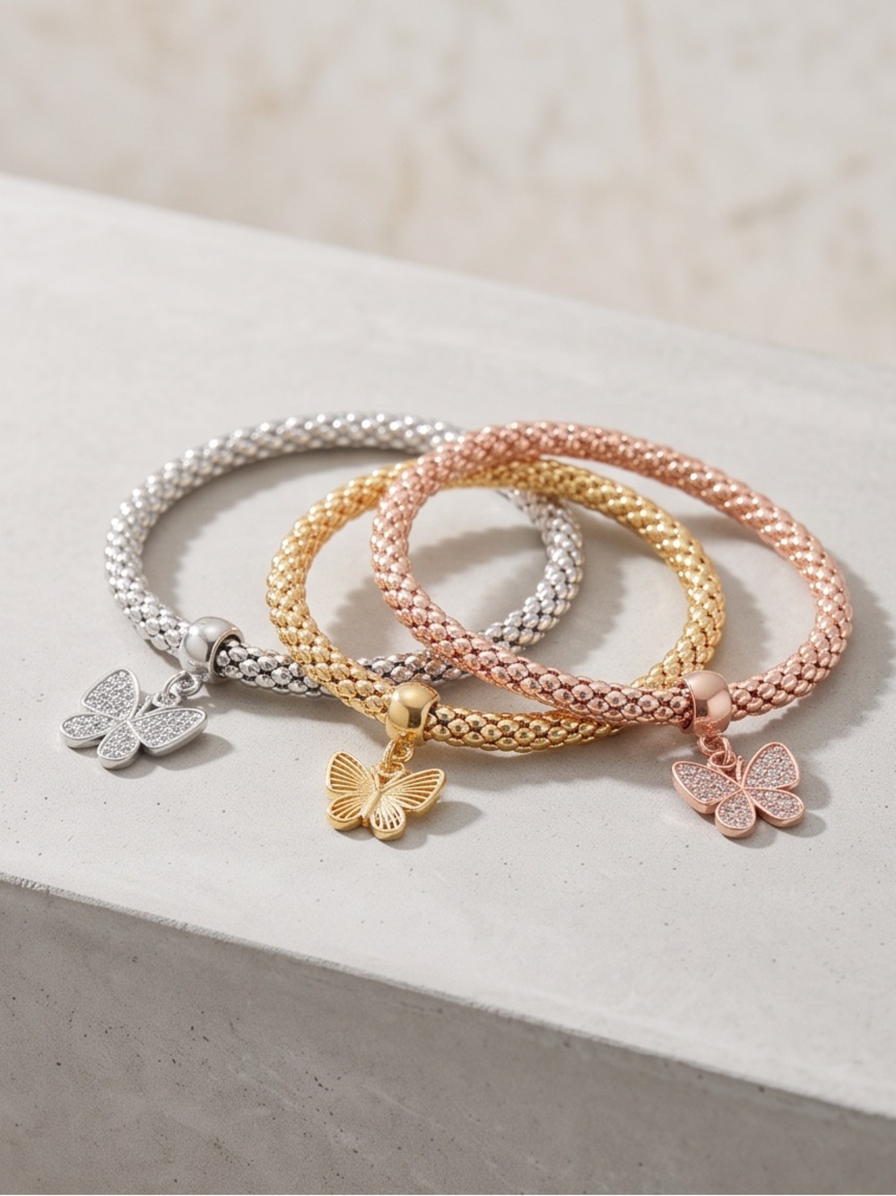 Tri-Tone Butterfly Charm Bracelet Set — Gold, Rose Gold & Silver